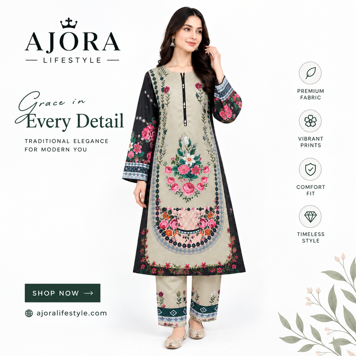 AJORA 2PC UNSTITCHED WINTER BANA DORA LAWN 2
