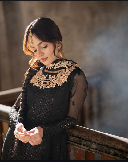 Azure Black &amp; Gold Premium Chiffon Embroidered Unstitched Suit